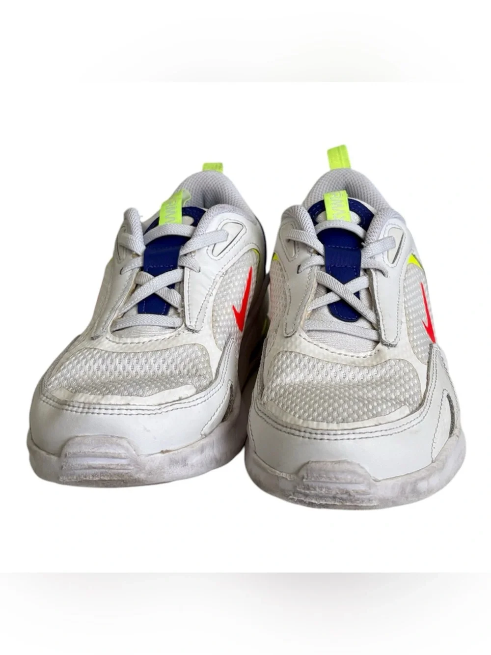 Nike Kids White Sneakers with Neon Yellow & Royal Blue Accents